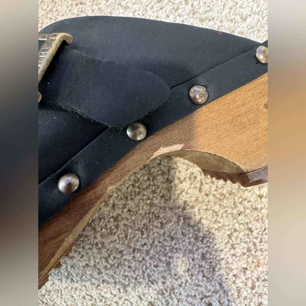 Sanita Kristel Black Nubuck Leather Wood Studded Clog Mule Shoes w/ Buckle - Picture 13 of 15